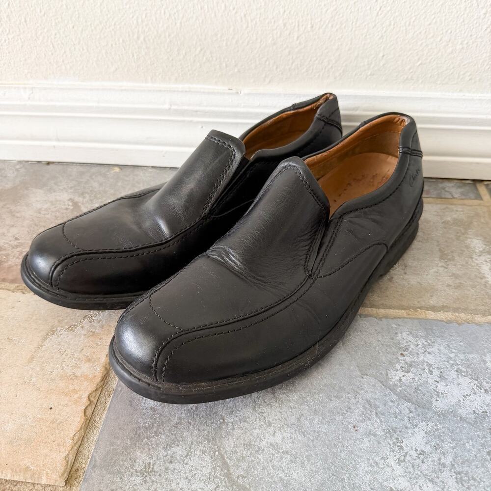 Clarks Mens Black Leather Slip On Loafers Comfort Casual Shoes 9M